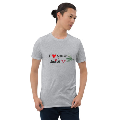Good Wishes 365 unisex grey crewneck t-shirt with I Love Your Smile graphic print worn by a man