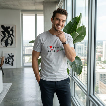 Good Wishes 365 grey cotton t-shirt with I Love Your Smile graphic worn by a smiling man in a modern apartment.
