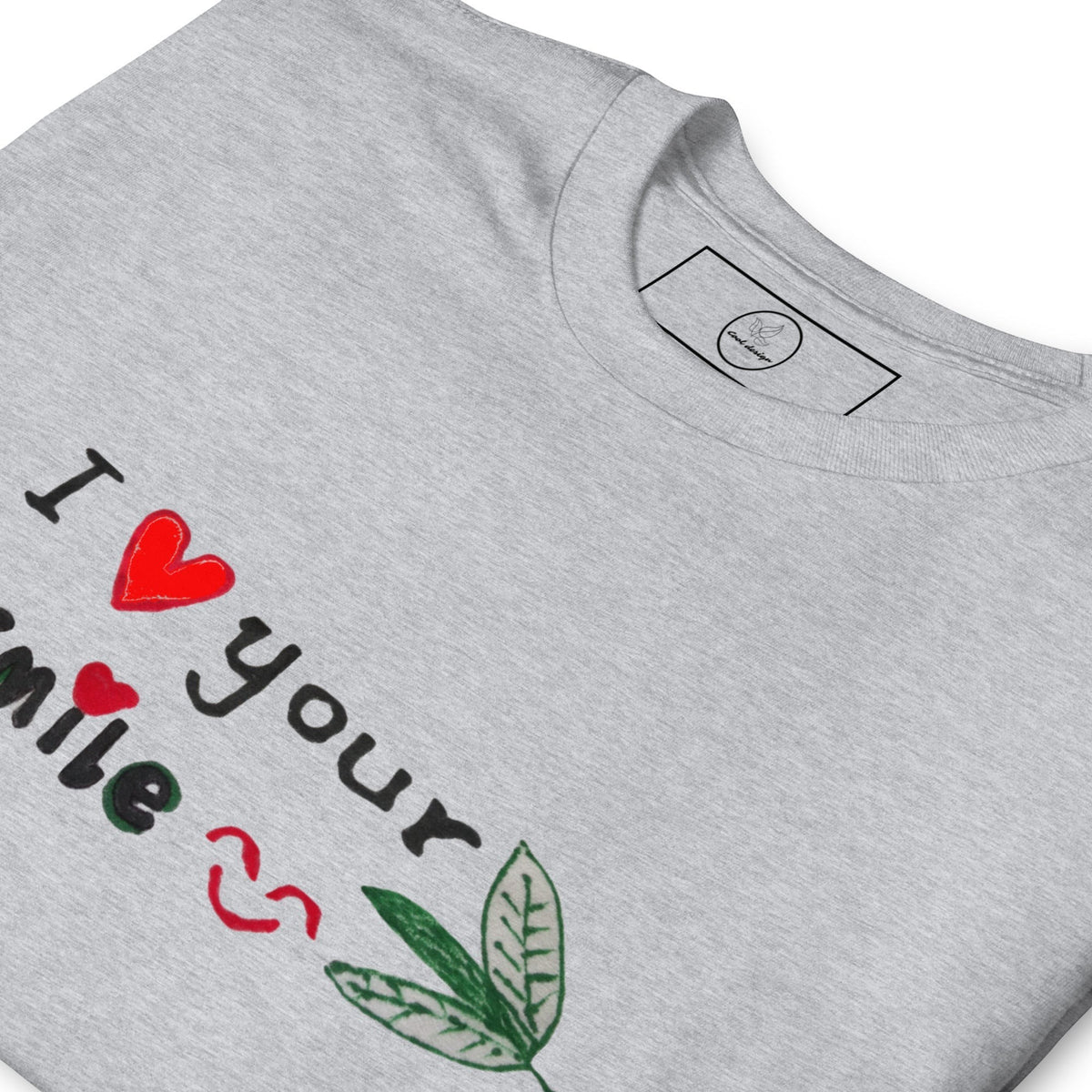 Good Wishes 365 grey unisex crewneck t-shirt featuring I Love Your Smile graphic with red heart and leaf illustrations