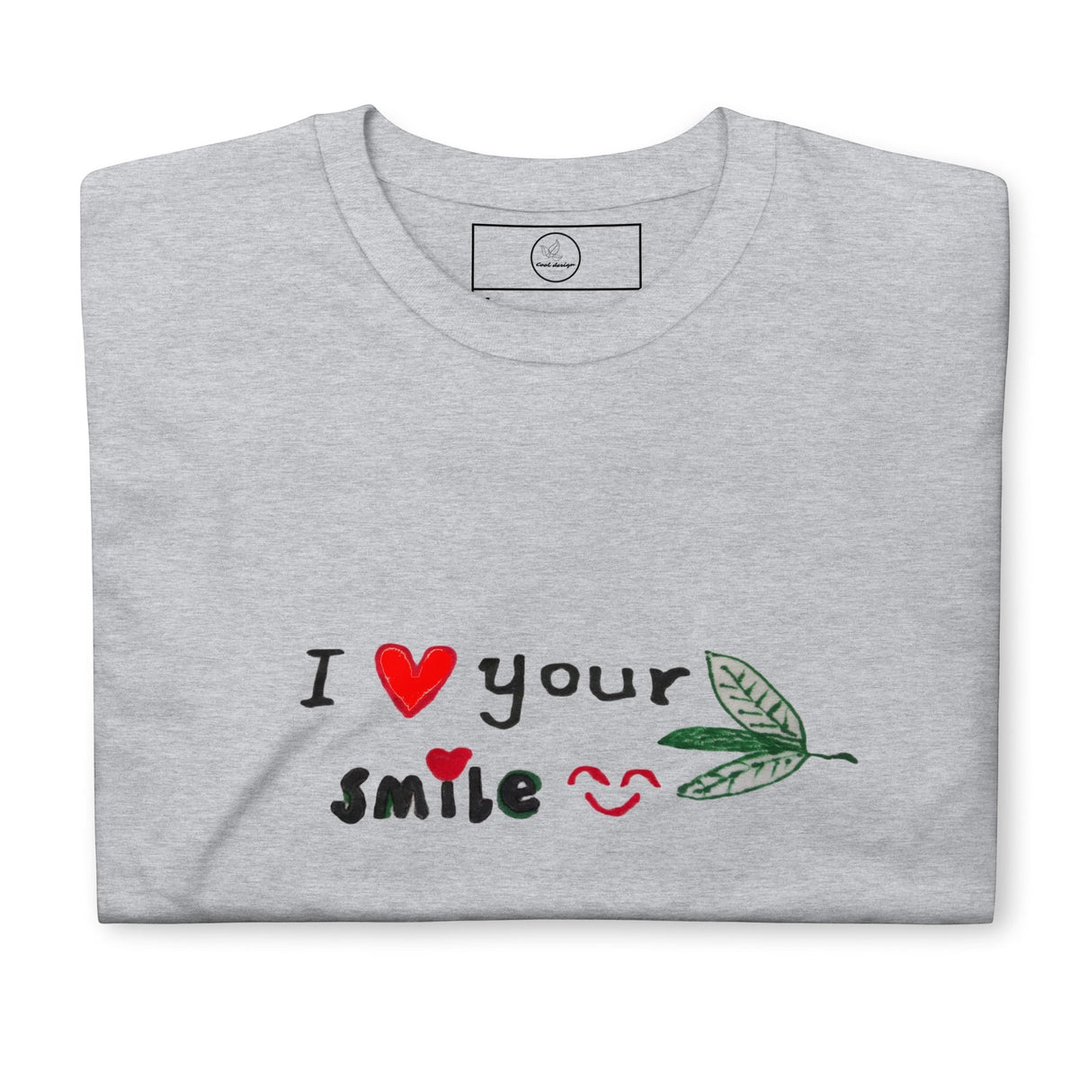 Good Wishes 365 grey unisex crewneck t-shirt with I Love Your Smile graphic print and a green leaf illustration.