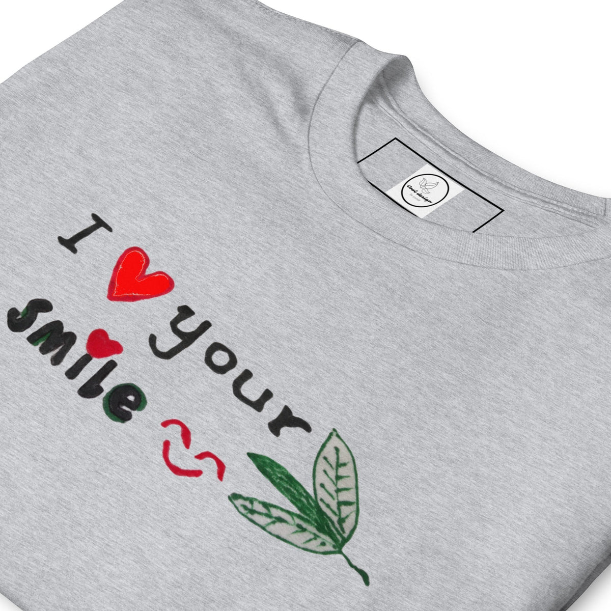 Good Wishes 365 grey crewneck t-shirt with I Love Your Smile graphic featuring red hearts and green leaf accents.