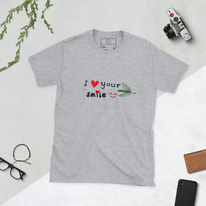 Good Wishes 365 grey unisex crewneck t-shirt with I Love Your Smile graphic print and red heart design