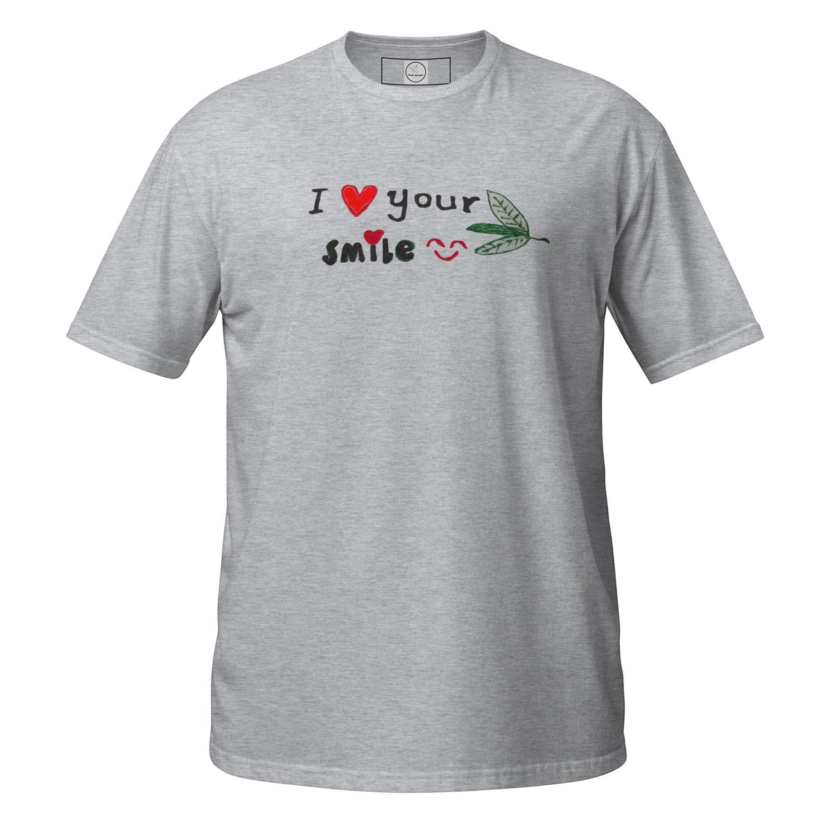 Good Wishes 365 grey unisex crewneck t-shirt featuring I Love Your Smile graphic with heart and leaf accents