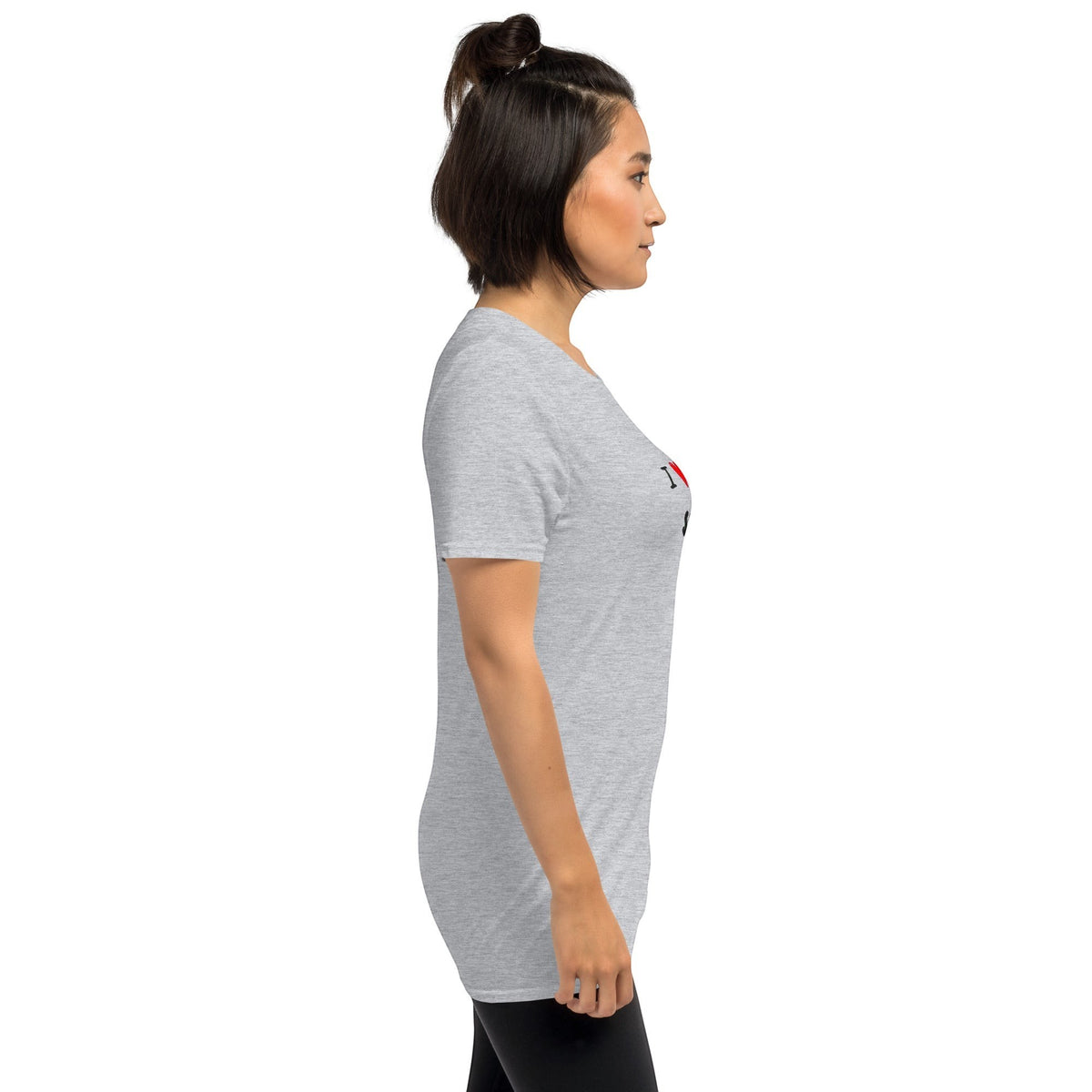 Good Wishes 365 unisex grey crewneck t-shirt with I Love Your Smile graphic, worn by a woman in profile view.