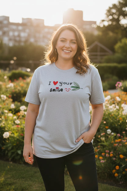 Good Wishes 365 unisex grey crewneck t-shirt with I Love Your Smile graphic, worn by a smiling woman in a garden.