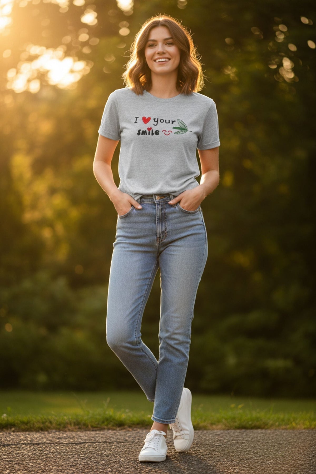 Good Wishes 365 grey graphic crewneck t-shirt with I Love Your Smile print worn by a smiling woman in jeans.