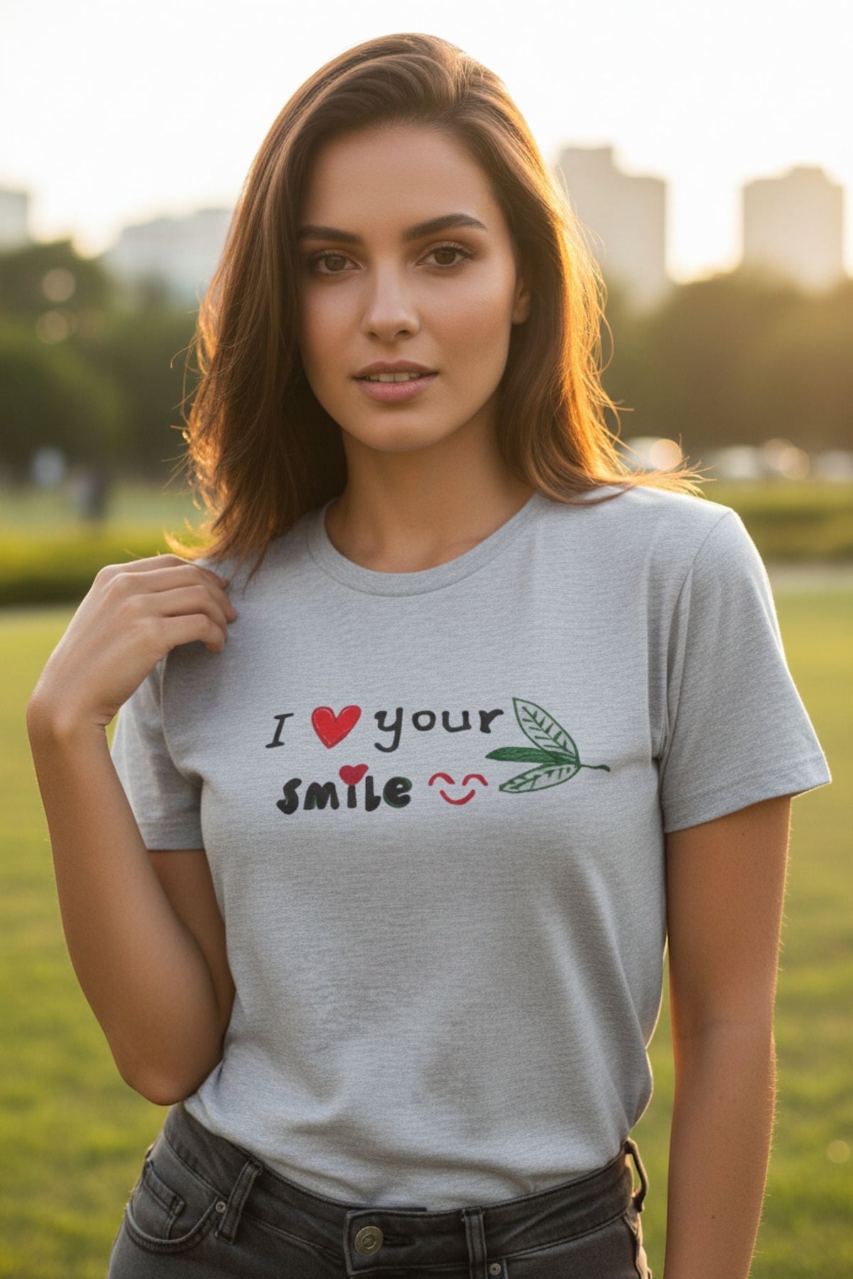 Good Wishes 365 grey crewneck t-shirt with I Love Your Smile graphic, worn by a woman in a park at sunset.