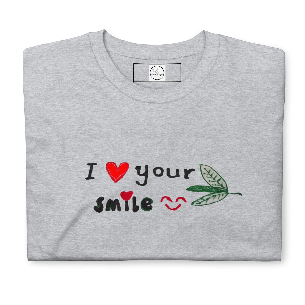 Good Wishes 365 grey unisex crewneck t-shirt with I Love Your Smile graphic featuring red hearts and green leaves.