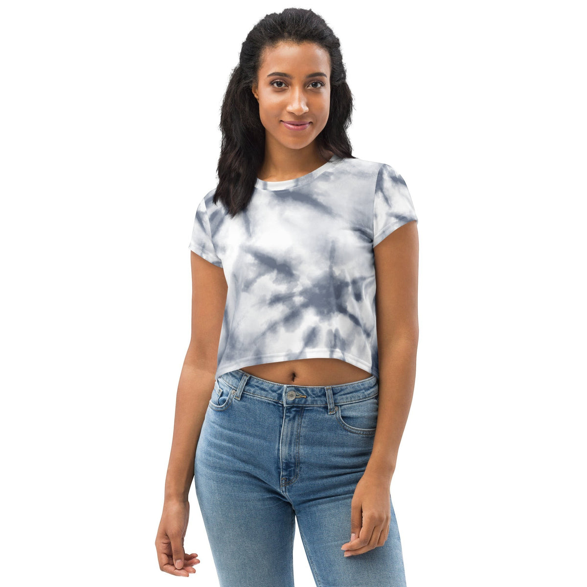 Good Wishes 365 grey and white tie-dye short sleeve cropped t-shirt worn by a woman with high-waisted jeans