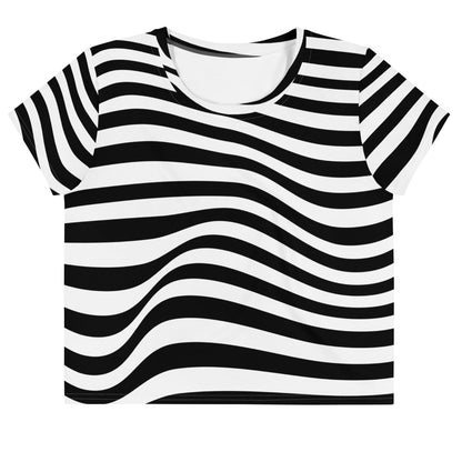 Good Wishes 365 crop tee with an all-over black and white wavy line pattern made from stretchy jersey fabric.