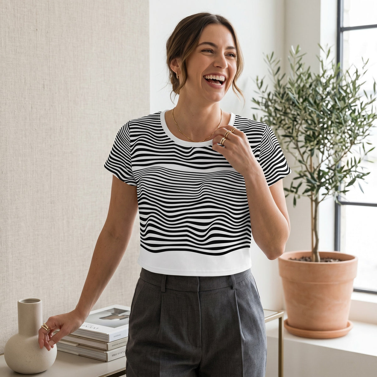 Good Wishes 365 crop tee featuring a black and white groovy wavy line print on premium stretch jersey fabric.
