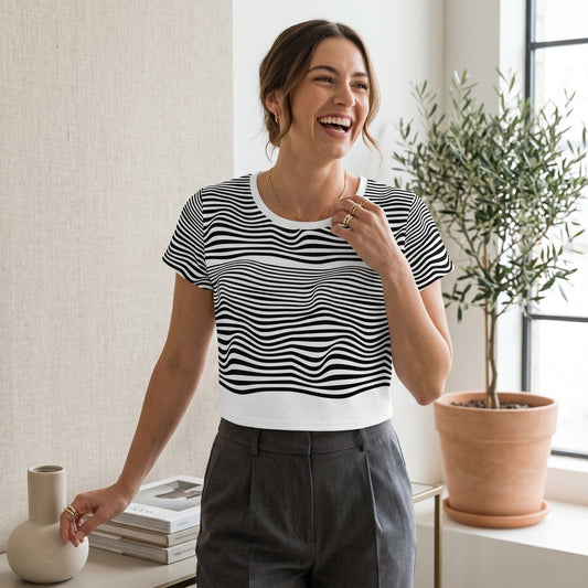 Good Wishes 365 crop tee featuring a black and white groovy wavy line print on premium stretch jersey fabric.