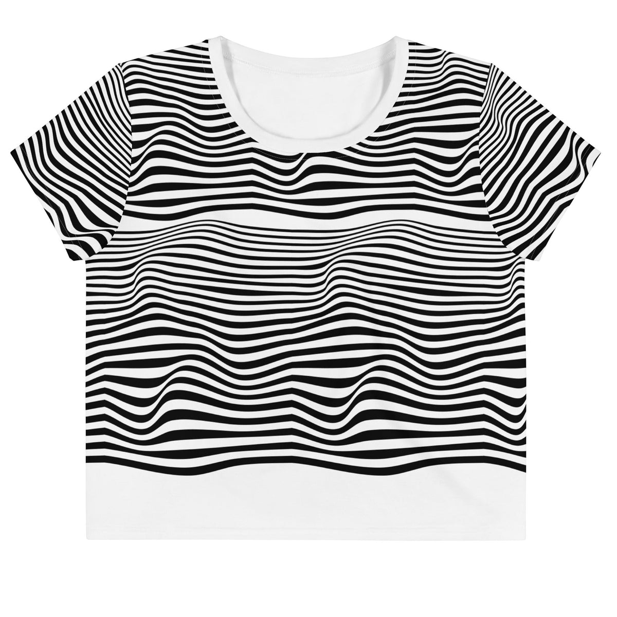Good Wishes 365 crop tee with a black and white groovy wavy line pattern on premium stretch jersey fabric.