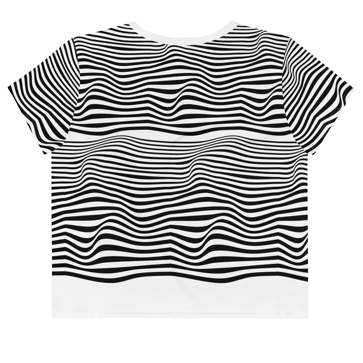 Good Wishes 365 crop tee with an all-over black and white wavy line print on premium stretch jersey fabric.