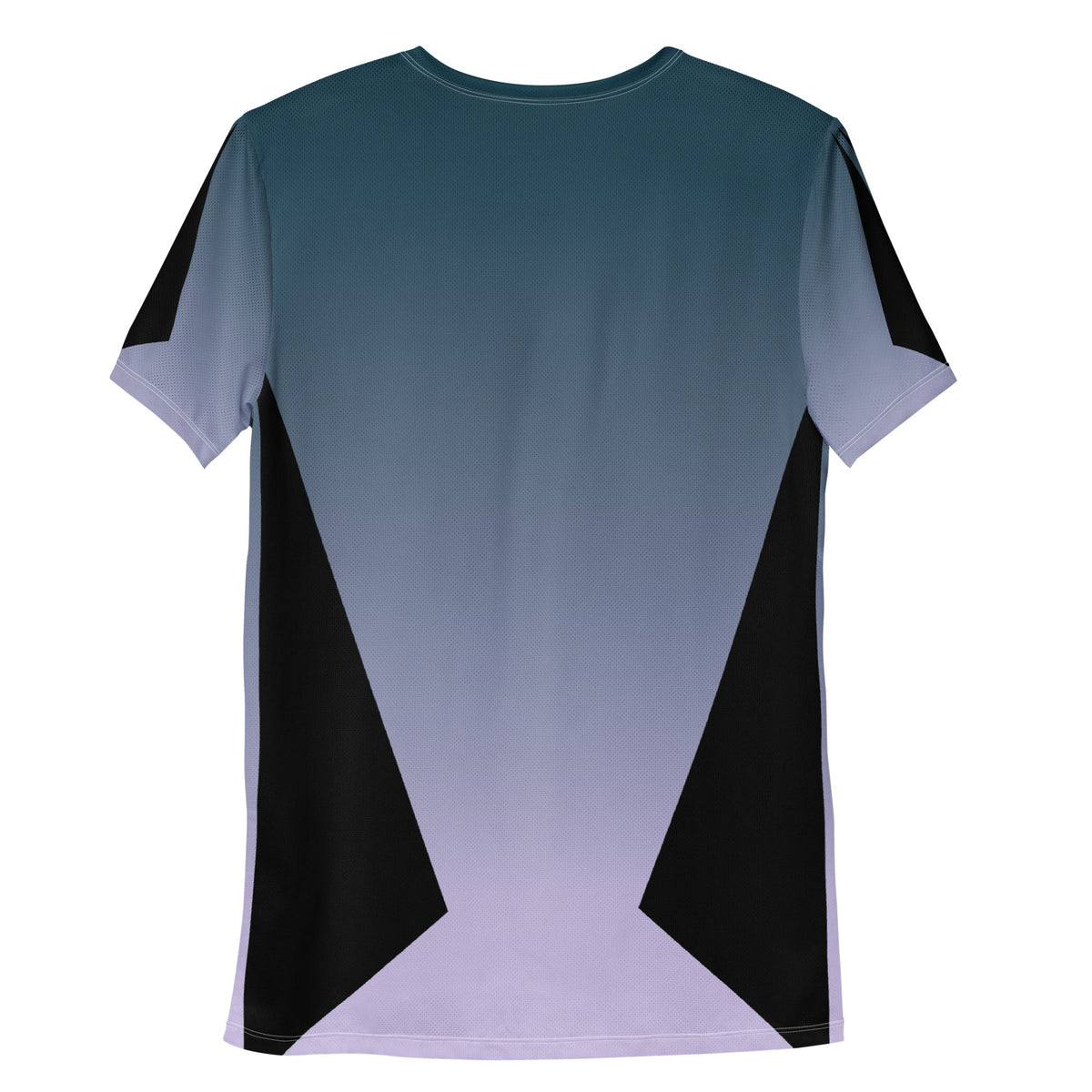 Good Wishes 365 men's athletic t-shirt in Kashmir blue gradient with black side panels, back view.