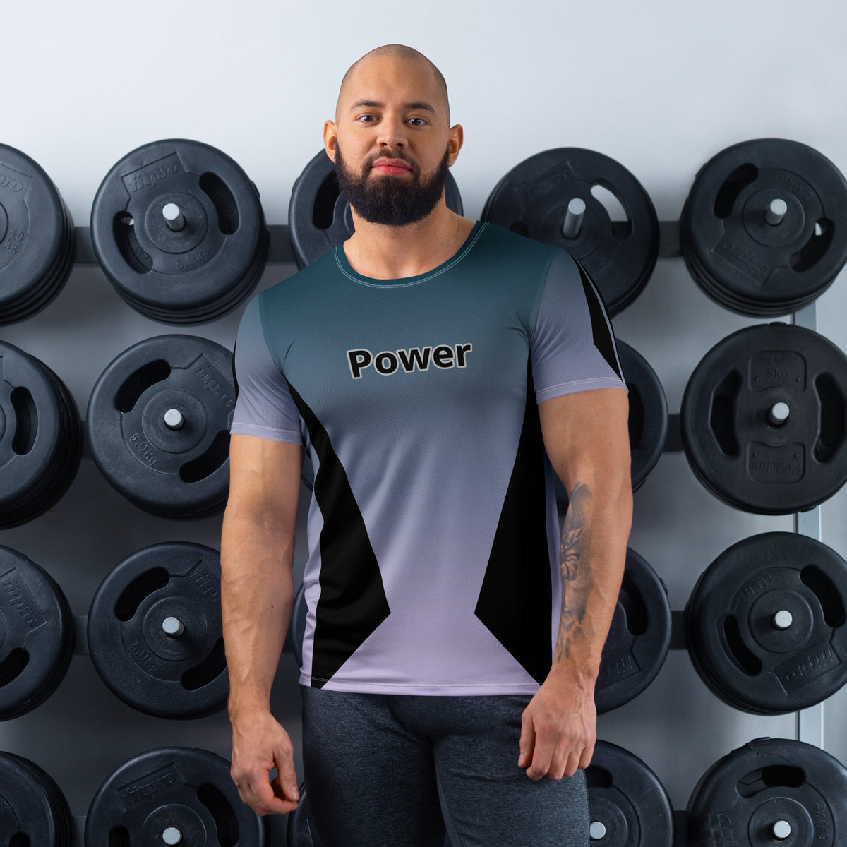 Good Wishes 365 men's athletic t-shirt in Kashmir blue gradient with Power graphic, worn by a man in a gym setting.