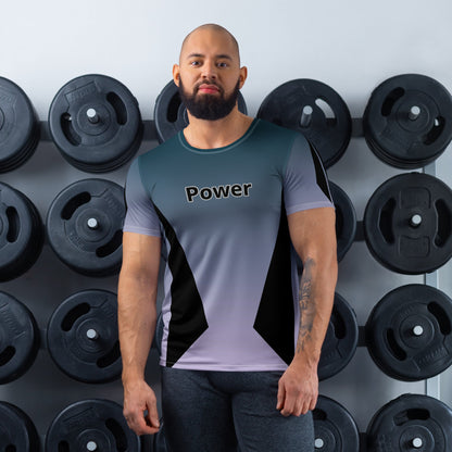 Good Wishes 365 men's athletic t-shirt in Kashmir blue gradient with Power graphic, worn by a man in a gym setting.