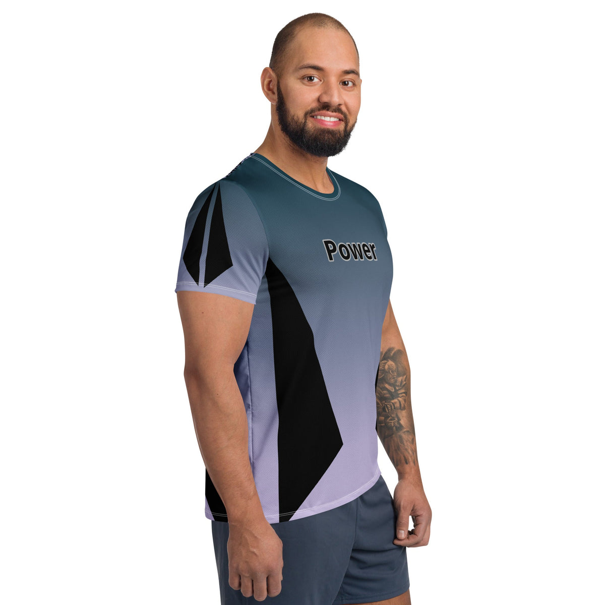 Good Wishes 365 men's athletic t-shirt in Kashmir blue gradient with Power graphic, worn by a smiling man.