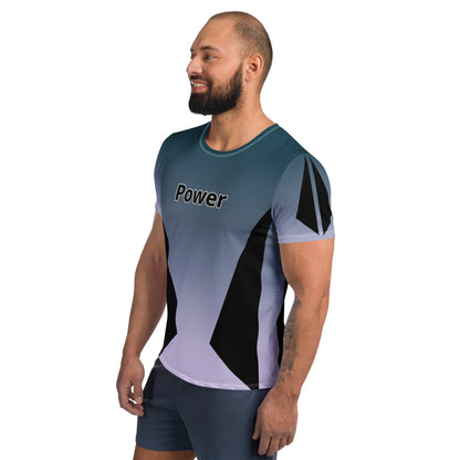 Good Wishes 365 men's athletic t-shirt in Kashmir blue gradient with Power graphic, worn by a smiling bearded man.