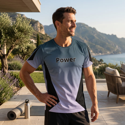 Good Wishes 365 men's athletic t-shirt in Kashmir blue gradient with Power graphic, worn by a man on a sunny patio.