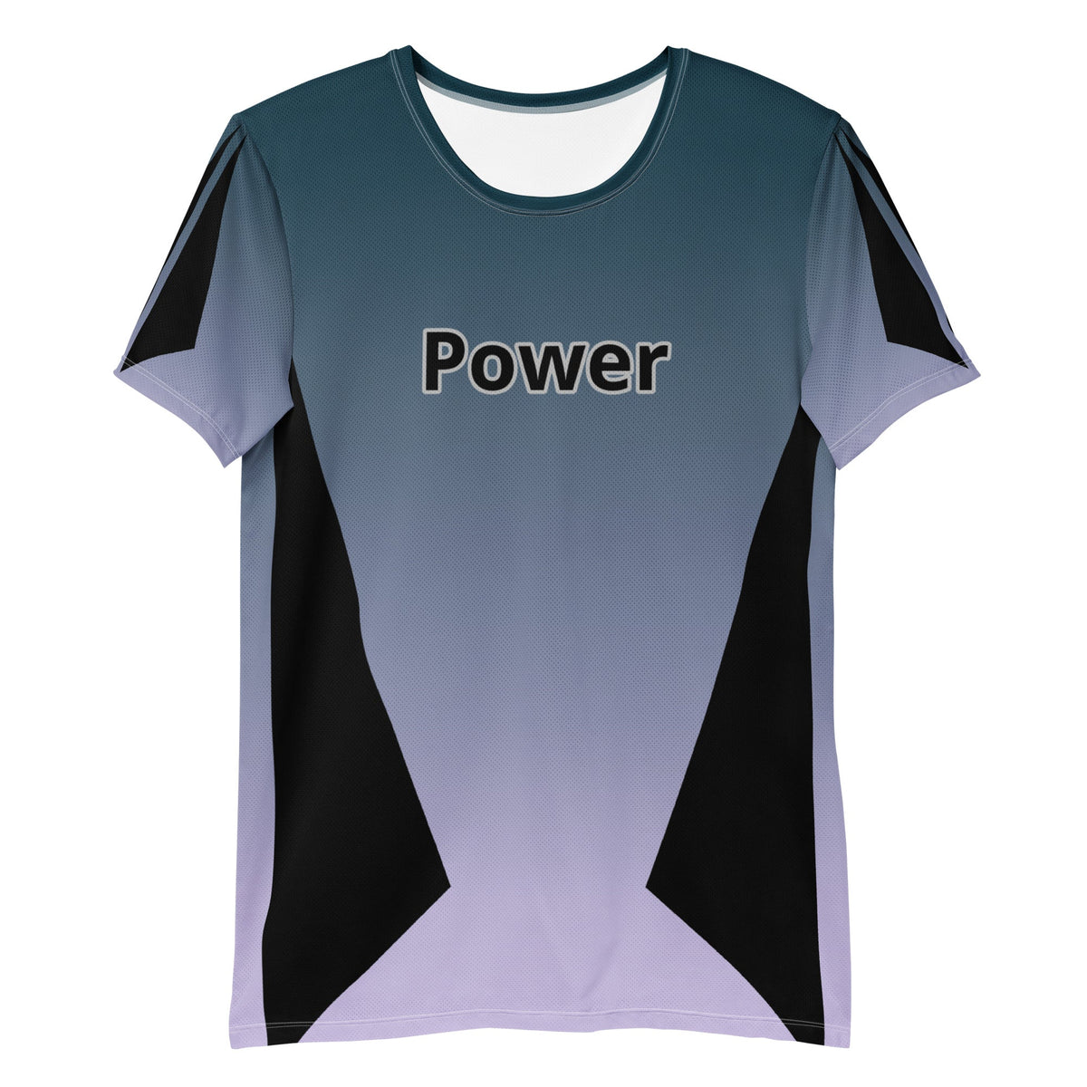 Good Wishes 365 men's athletic t-shirt in Kashmir blue gradient with black side panels and Power graphic on chest