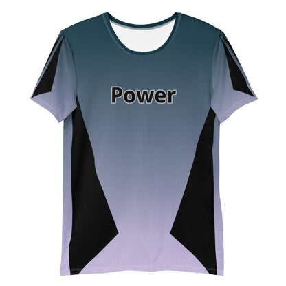 Good Wishes 365 men's athletic t-shirt in Kashmir blue gradient with black side panels and Power graphic on chest