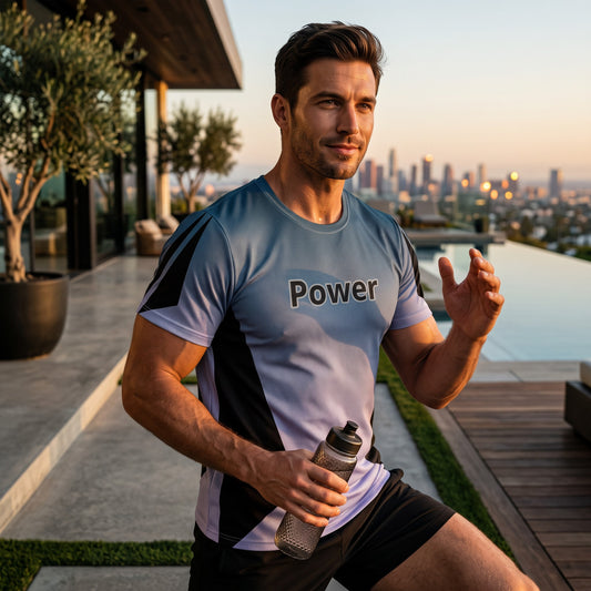 Good Wishes 365 men's athletic t-shirt in Kashmir blue gradient with Power graphic, worn by a man on a terrace.