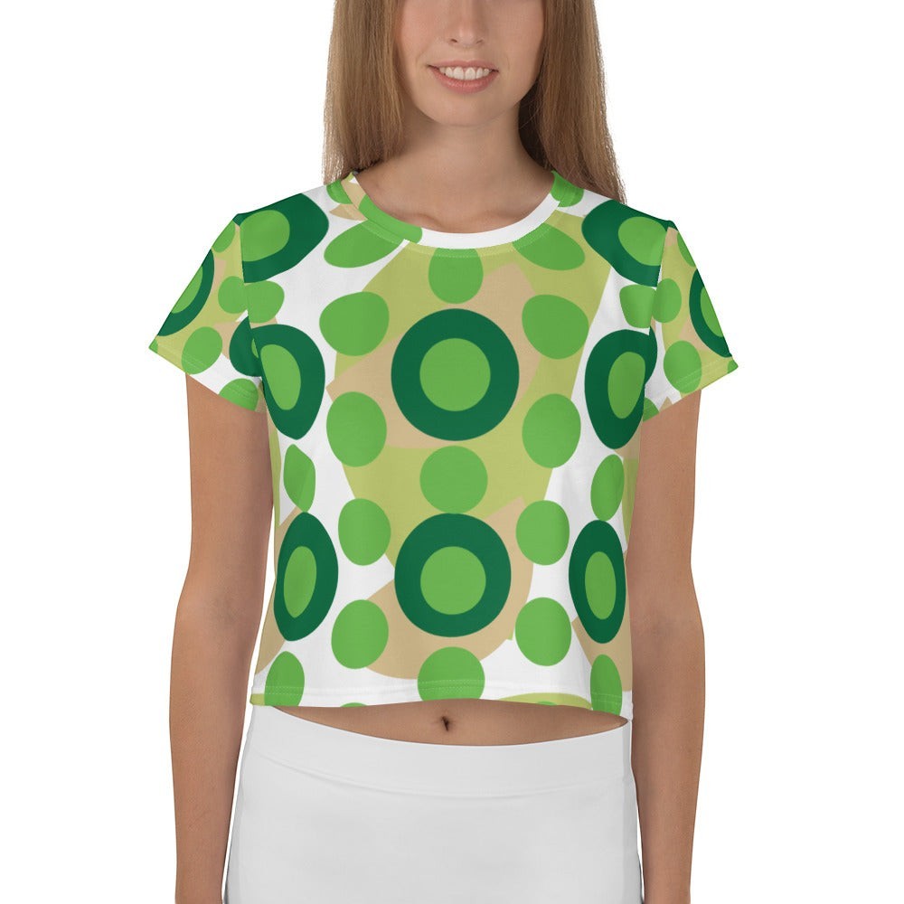 Good Wishes 365 kelly green retro mod polka dot crop tee with a vibrant circular pattern on soft stretch jersey fabric