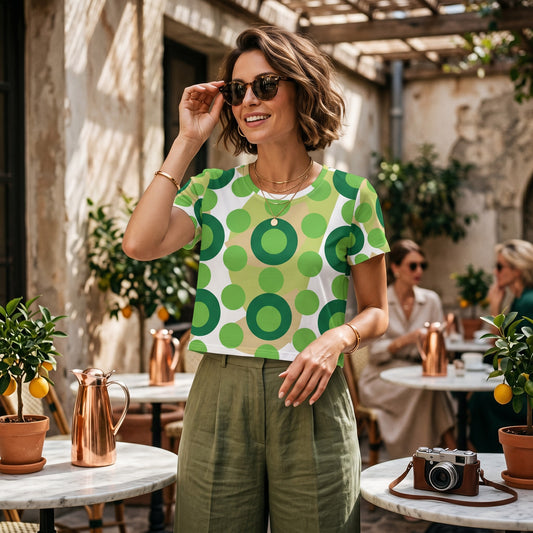 Good Wishes 365 kelly green retro mod polka dot crop tee worn by a woman in a sunny outdoor cafe setting.