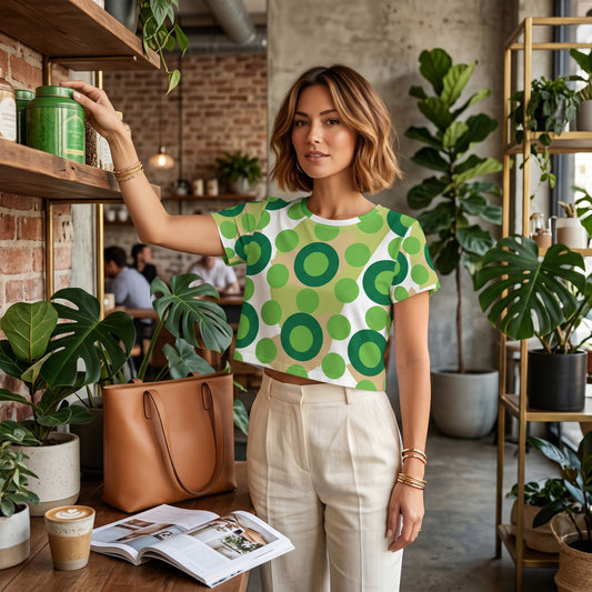 Good Wishes 365 kelly green polka dot crop tee with retro mod circles worn by a woman in a plant-filled cafe