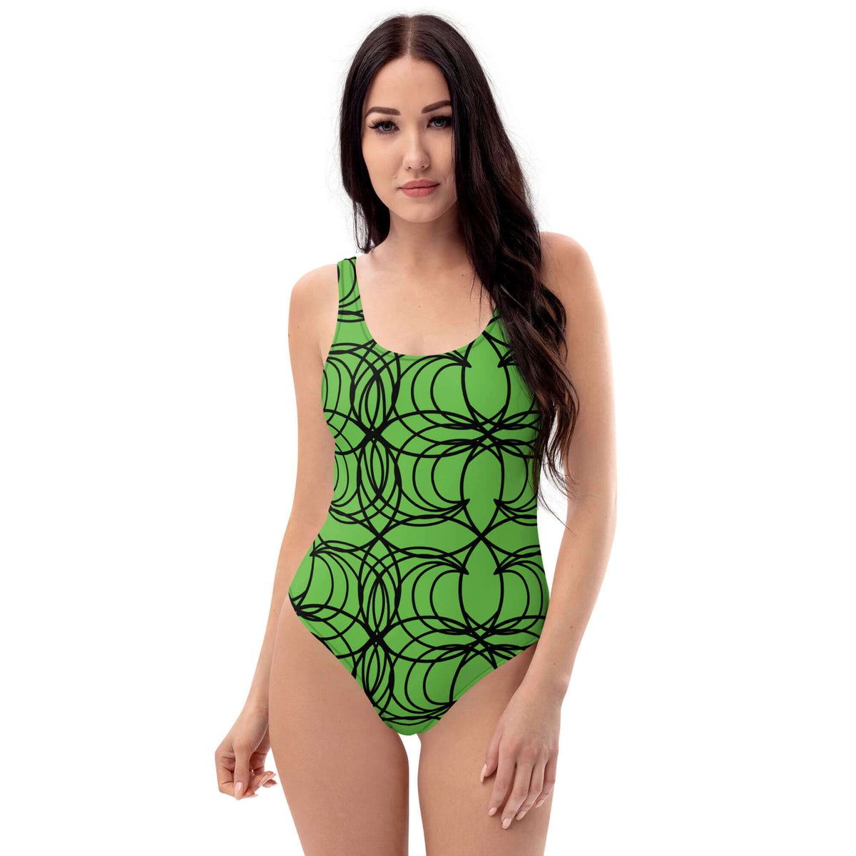 Good Wishes 365 one-piece swimsuit in kelly green with a black rings pattern, featuring a scoop neck on a model.