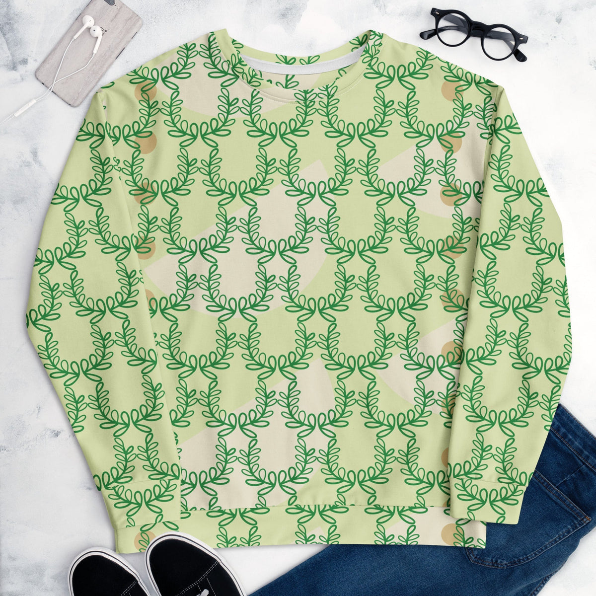 Good Wishes 365 unisex crew neck sweatshirt in snow flurry green with an all-over laurel leaf crown print pattern.