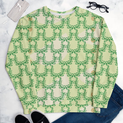 Good Wishes 365 unisex crew neck sweatshirt in snow flurry green with an all-over laurel leaf crown print pattern.