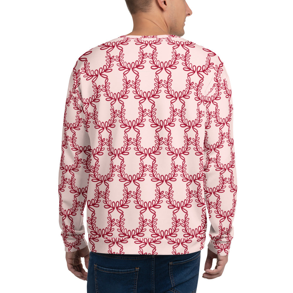 Good Wishes 365 unisex recycled sweatshirt with a red laurel leaf crown print on a misty rose background, back view.