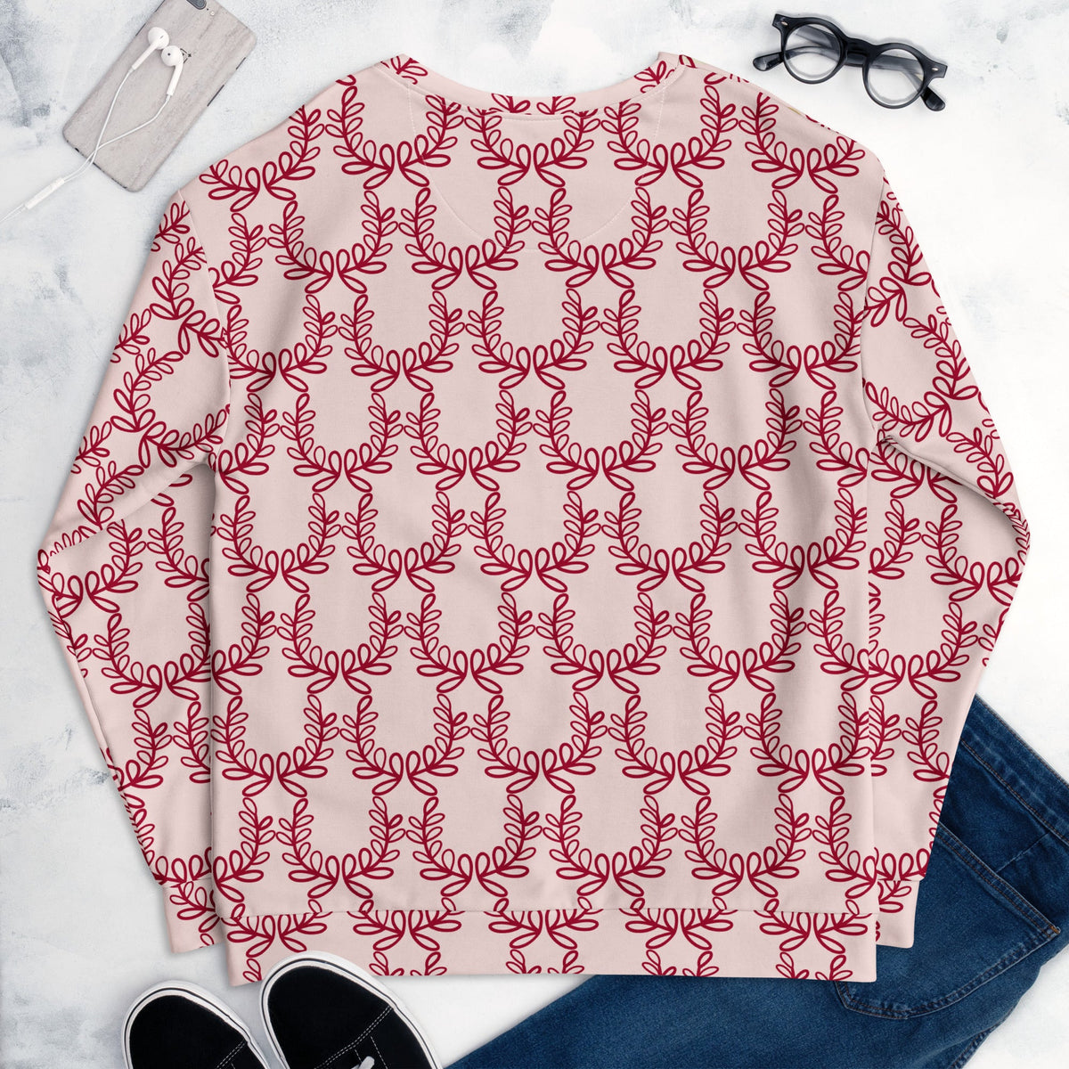 Good Wishes 365 recycled unisex sweatshirt in misty rose with a deep red laurel leaf crown all-over print