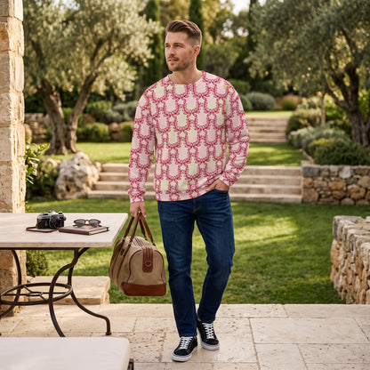 Good Wishes 365 unisex recycled sweatshirt in misty rose with deep red laurel leaf crown print worn by a man outdoors