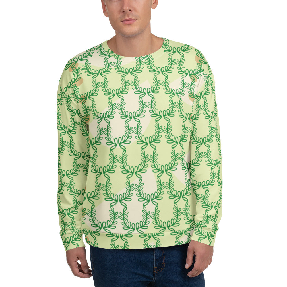 Good Wishes 365 unisex recycled sweatshirt in snow flurry green with an all-over laurel leaf crown print
