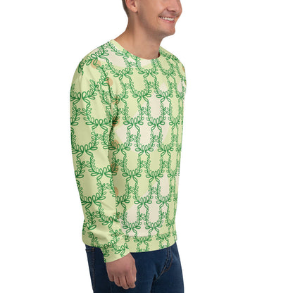 Good Wishes 365 unisex recycled sweatshirt in snow flurry green with an all-over laurel leaf crown print