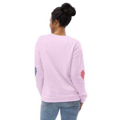 Good Wishes 365 light violet-lavender recycled unisex sweatshirt with pixelated heart sleeve detail, back view