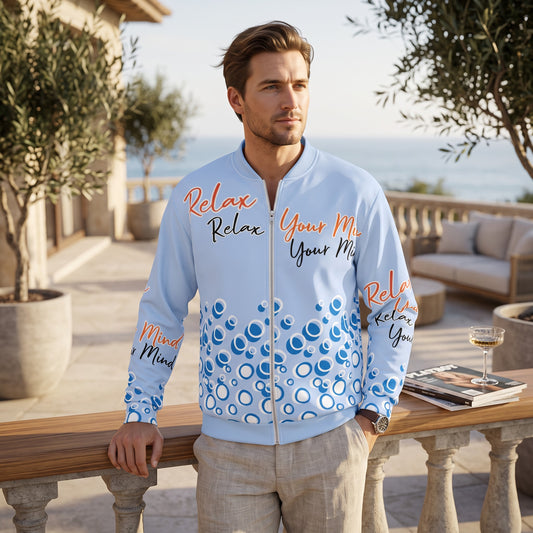 Good Wishes 365 light blue bomber jacket with Relax Your Mind print and bubble pattern worn by a man on a terrace.