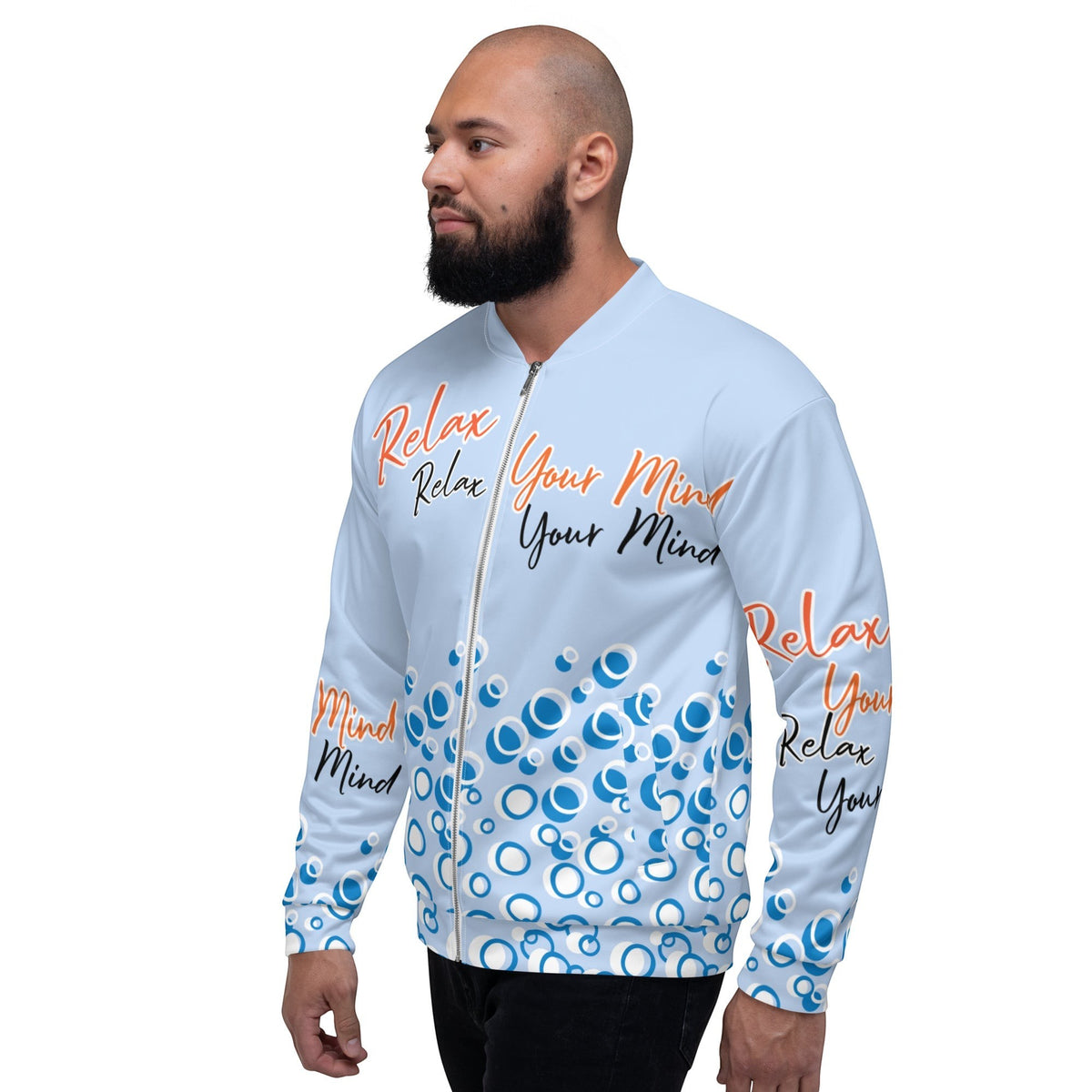 Good Wishes 365 light blue bomber jacket with abstract bubble print and Relax Your Mind text worn by a bearded man.