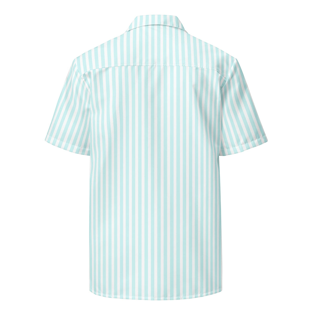 Good Wishes 365 all-over print light blue and white candy stripe short sleeve button-up shirt with UPF50+ sun protection, back view