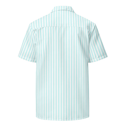 Good Wishes 365 all-over print light blue and white candy stripe short sleeve button-up shirt with UPF50+ sun protection, back view