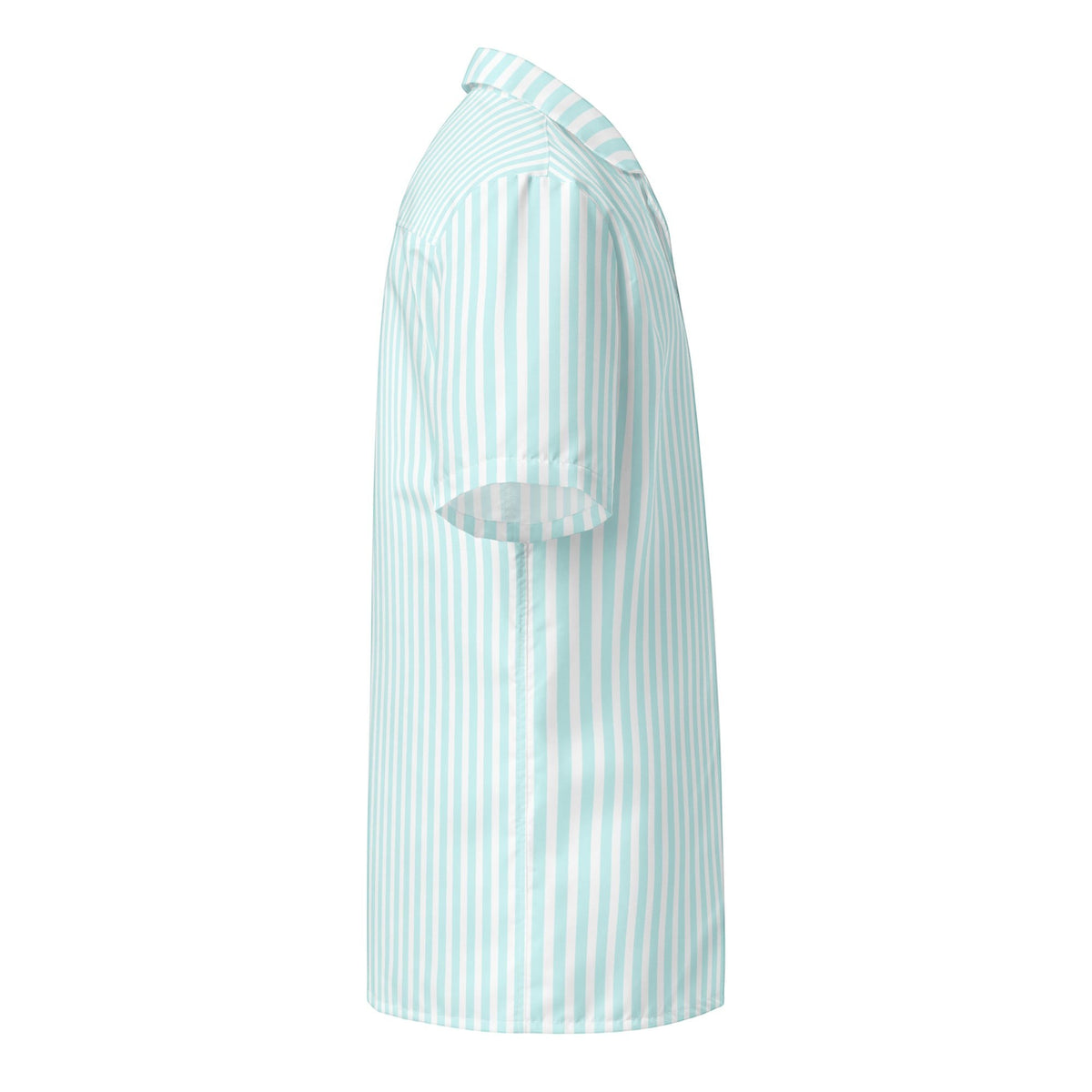 Good Wishes 365 all-over print light blue and white vertical candy stripe short sleeve button-up shirt with a camp collar, side view.
