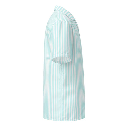 Good Wishes 365 all-over print light blue and white vertical candy stripe short sleeve button-up shirt with a camp collar, side view.