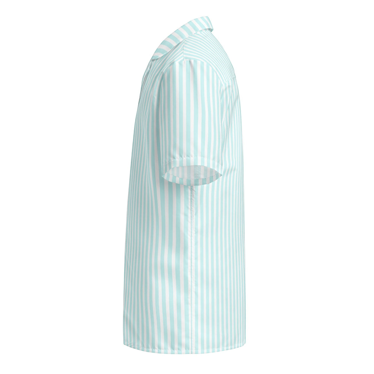Good Wishes 365 all-over print light blue and white candy stripe short sleeve button-up shirt with a camp collar and UPF50+ protection.