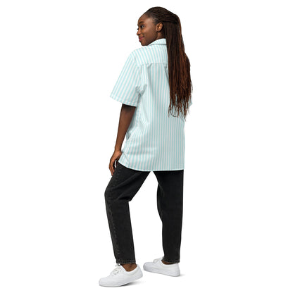 Good Wishes 365 all-over print light blue and white candy stripe short sleeve button-up shirt with UPF50+ protection worn by a model.