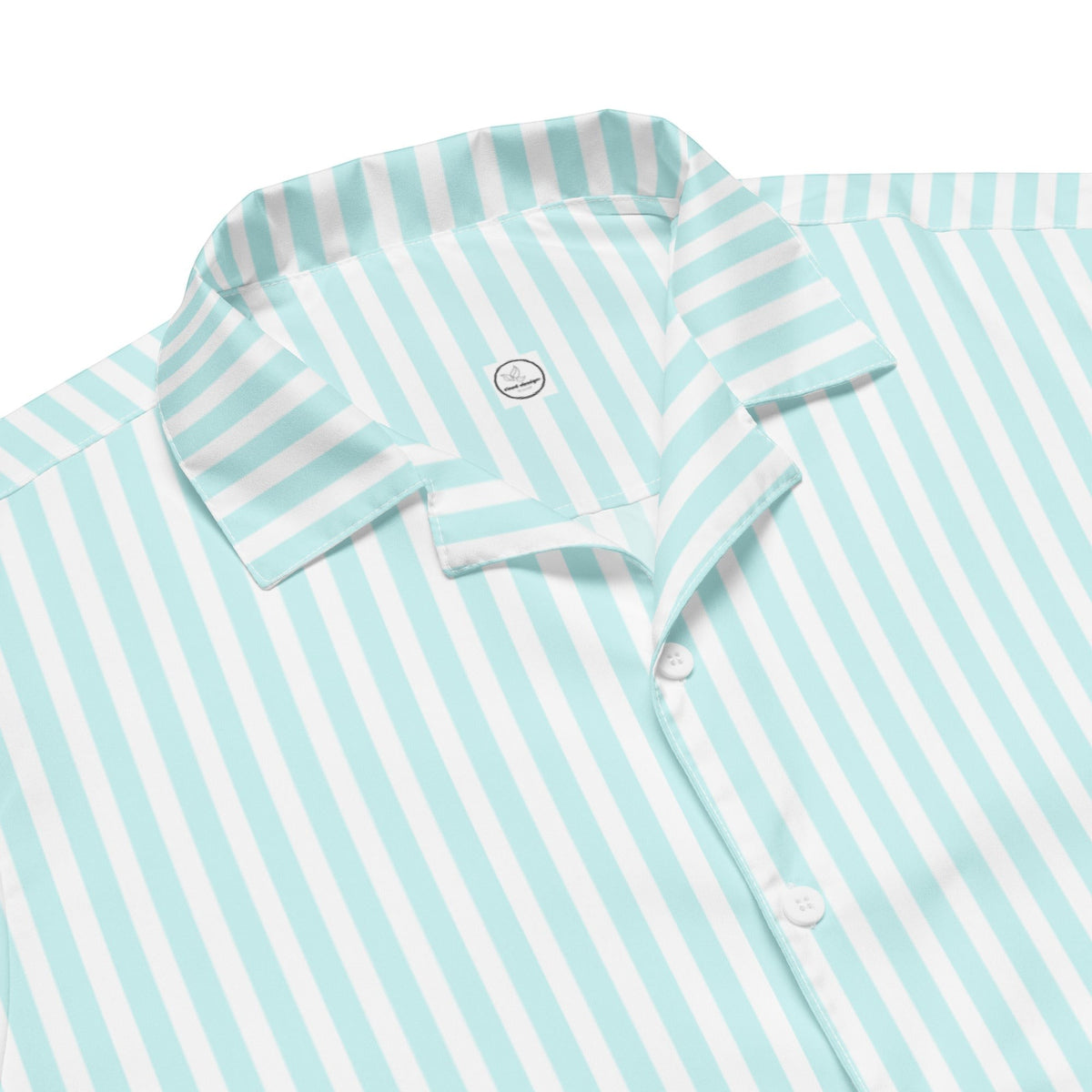 Good Wishes 365 all-over print light blue and white candy stripe short sleeve button-up shirt with a camp collar and UPF50+ protection.