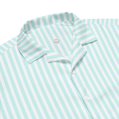 Good Wishes 365 all-over print light blue and white candy stripe short sleeve button-up shirt with a camp collar and UPF50+ protection.