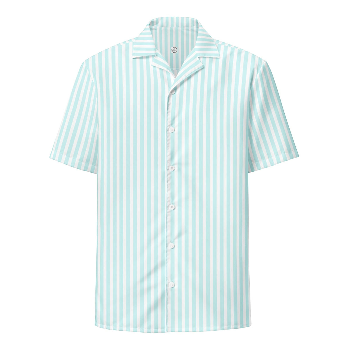 Good Wishes 365 all-over print light blue and white candy stripe short sleeve button-up shirt with a camp collar and UPF50+ protection.